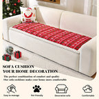 Christmas Sofa Pad Cover styled across a loveseat with quilted red pattern and white plush edging