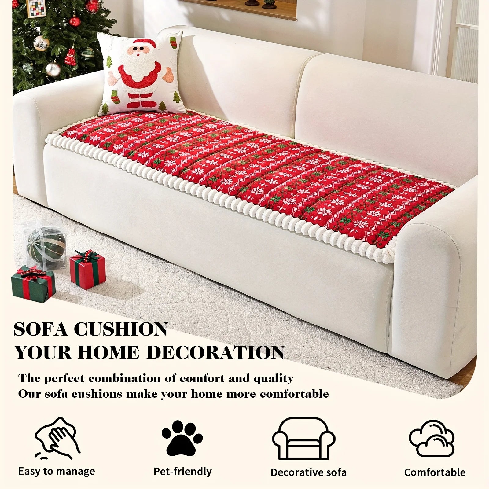 Christmas Sofa Pad Cover styled across a loveseat with quilted red pattern and white plush edging