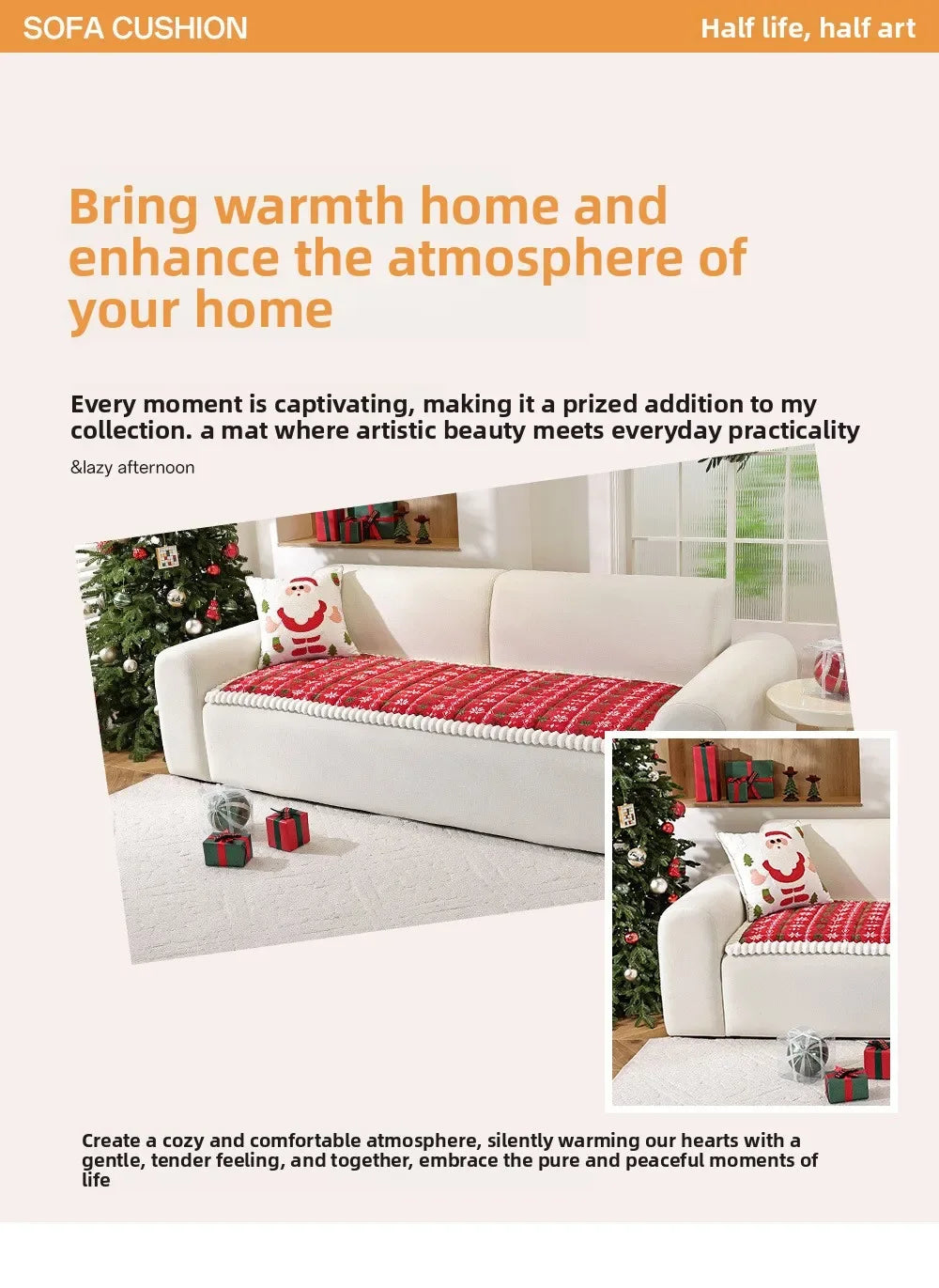 Christmas Sofa Pad Cover styled on a red holiday loveseat in a warm living room with seasonal decor