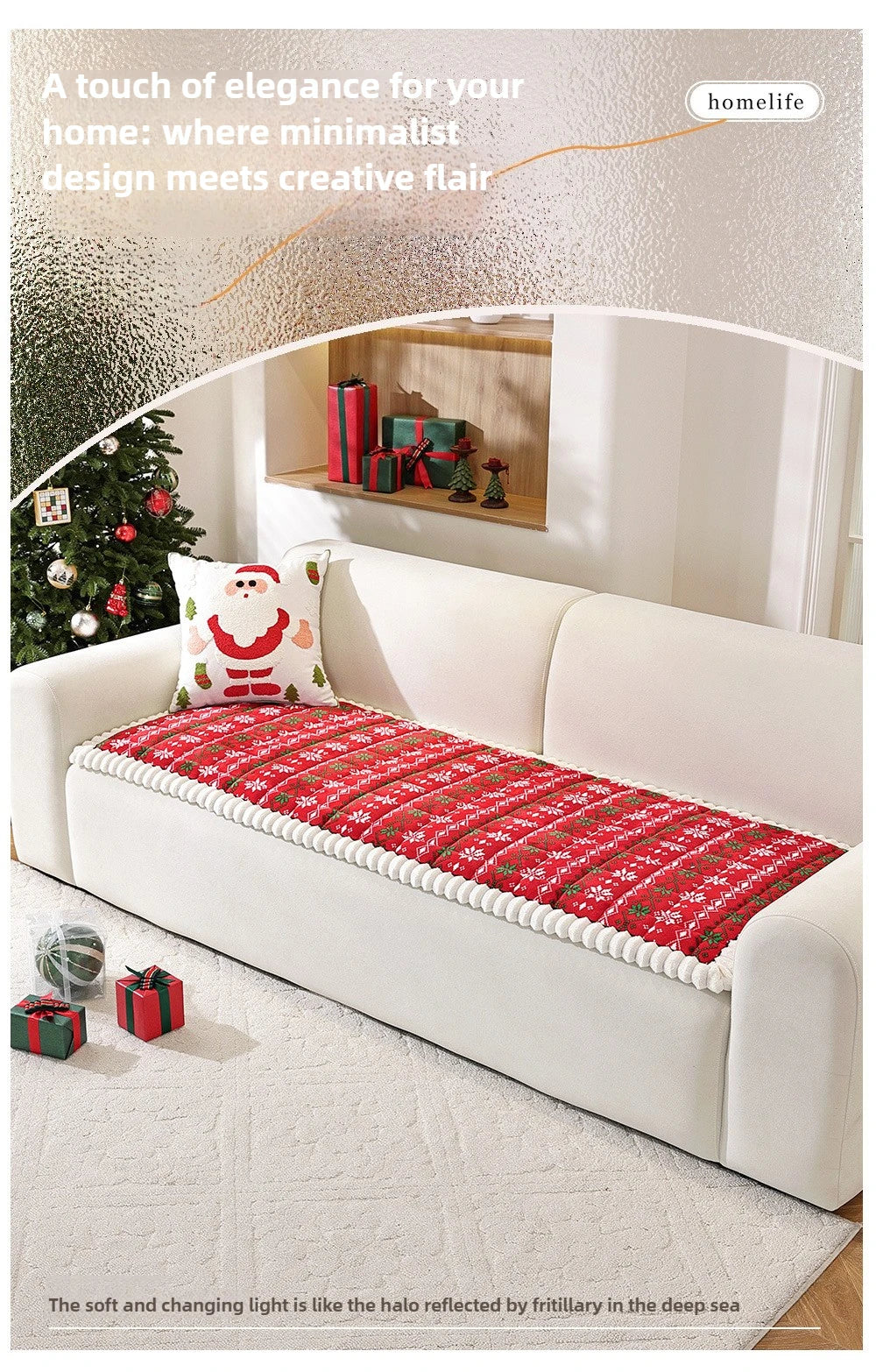 Christmas Sofa Pad Cover red loveseat view highlighting the plush holiday surface and soft edging
