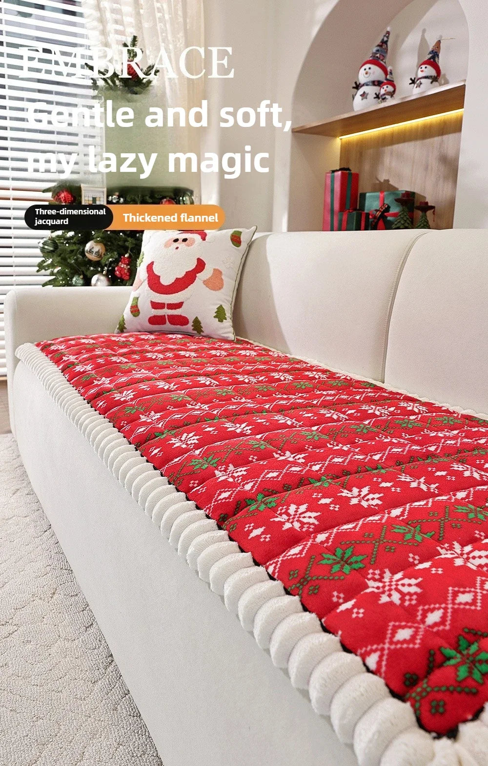 Christmas Sofa Pad Cover close-up showing the soft red quilted surface and plush white rolled edge