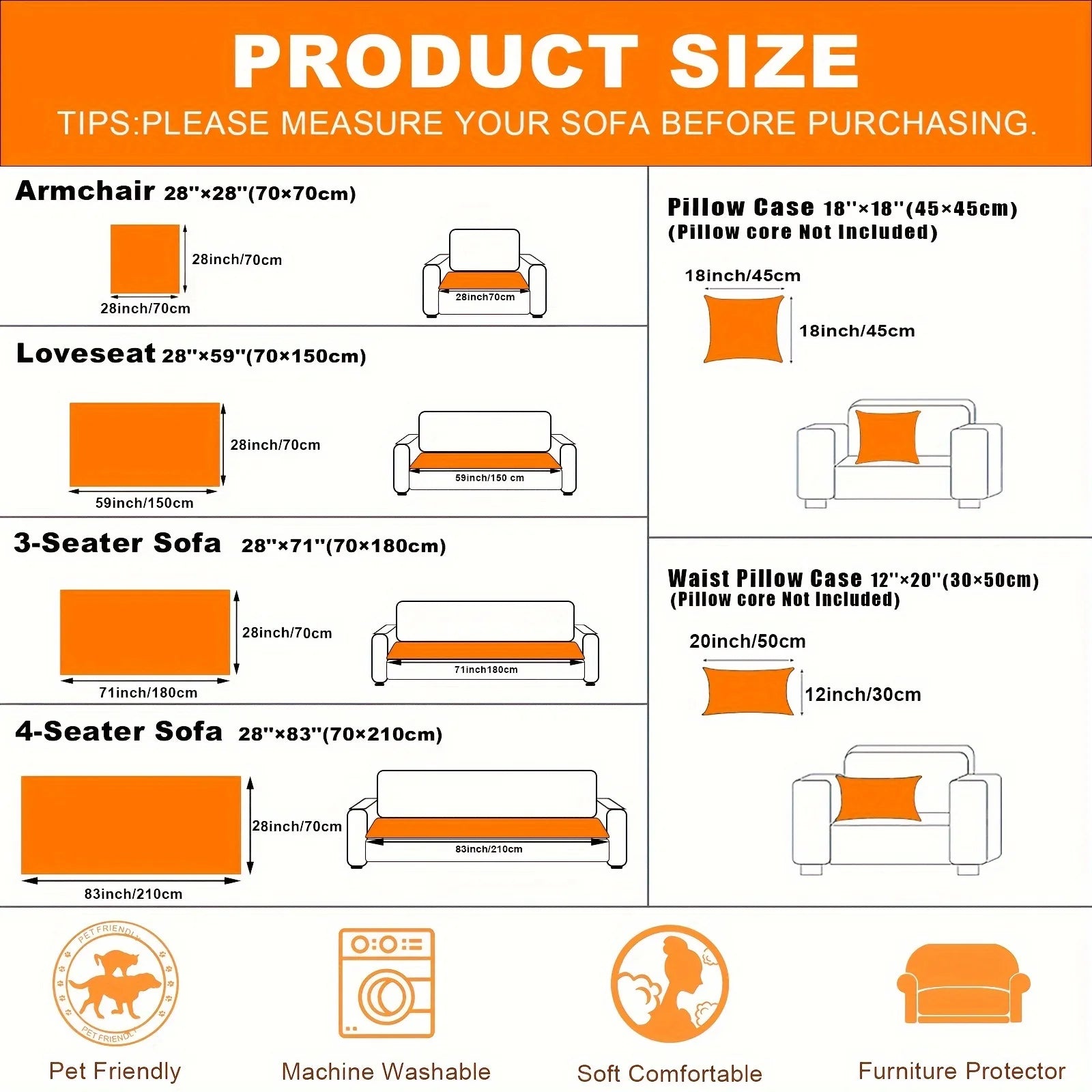 Christmas Sofa Pad Cover size guide for armchair, loveseat, three-seater, four-seater, and pillow options