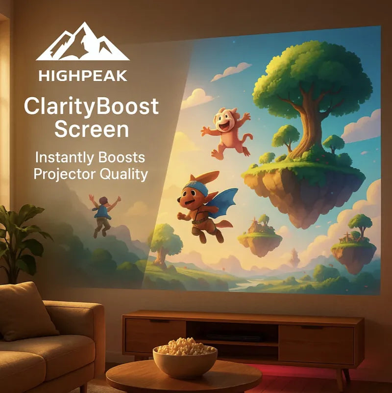 HighPeak ClarityBoost Projector Screen displaying vibrant animated scene in cozy living room with popcorn on table