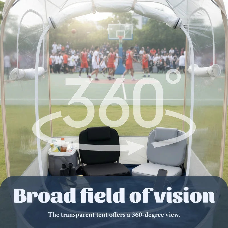 Clear View Bubble Tent interior viewing graphic with chairs and a basketball court visible through the panels.