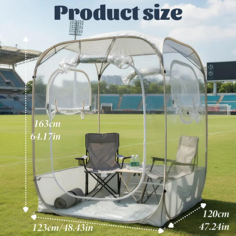 Clear View Bubble Tent dimension guide showing its 123 × 120 × 163 cm size beside a sports field.