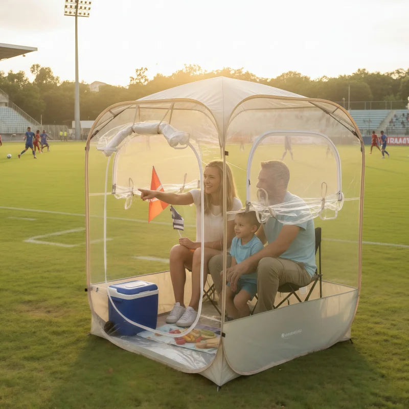Clear View Bubble Tent with two adults and a child seated beside a soccer field at sunset.