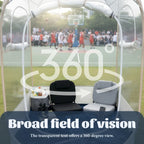 Clear View Bubble Tent transparent panels overlooking a basketball game in a 360-degree view graphic.