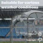 Clear View Bubble Tent rain illustration with the supplier’s warning against use in extreme weather.