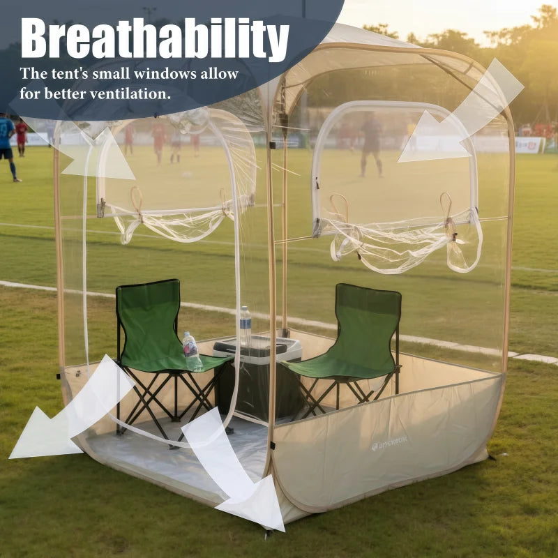 Clear View Bubble Tent with open windows and doorway, illustrated with arrows showing airflow.