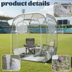Clear View Bubble Tent with close-ups of its zipper, open window and ground attachment point.