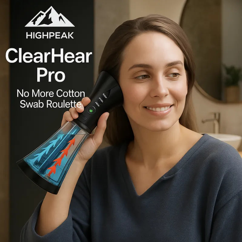 HighPeak ClearHear Pro ear cleaner in black held by woman demonstrating gentle water pressure earwax removal