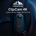 HighPeak ClipCam 4K™ black ultra HD POV action camera clipped on a dark jacket, hands-free capture device