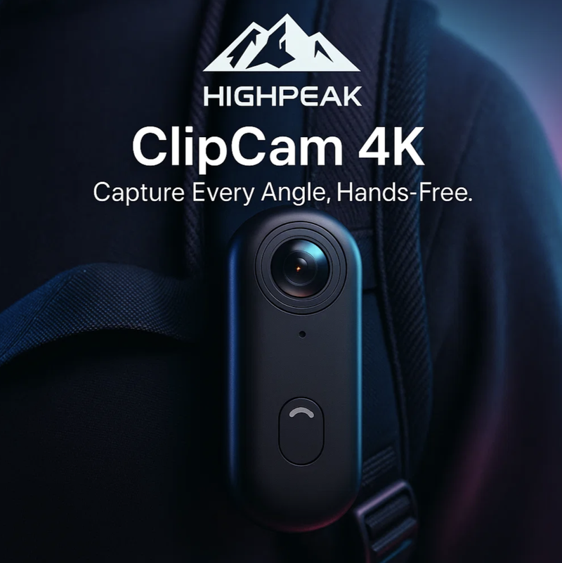 HighPeak ClipCam 4K™ black ultra HD POV action camera clipped on a dark jacket, hands-free capture device