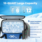 Cold Therapy Knee System open 12-quart reservoir showing ice and an illustrated layered insulation diagram.