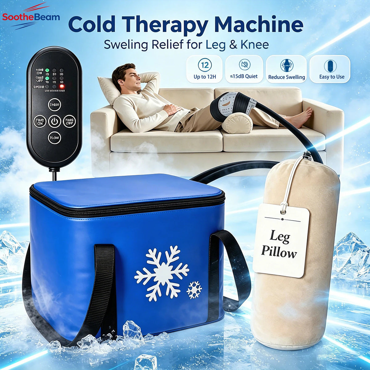 Cold Therapy Knee System with blue cooler, beige leg pillow and a seated knee-wrap demonstration.