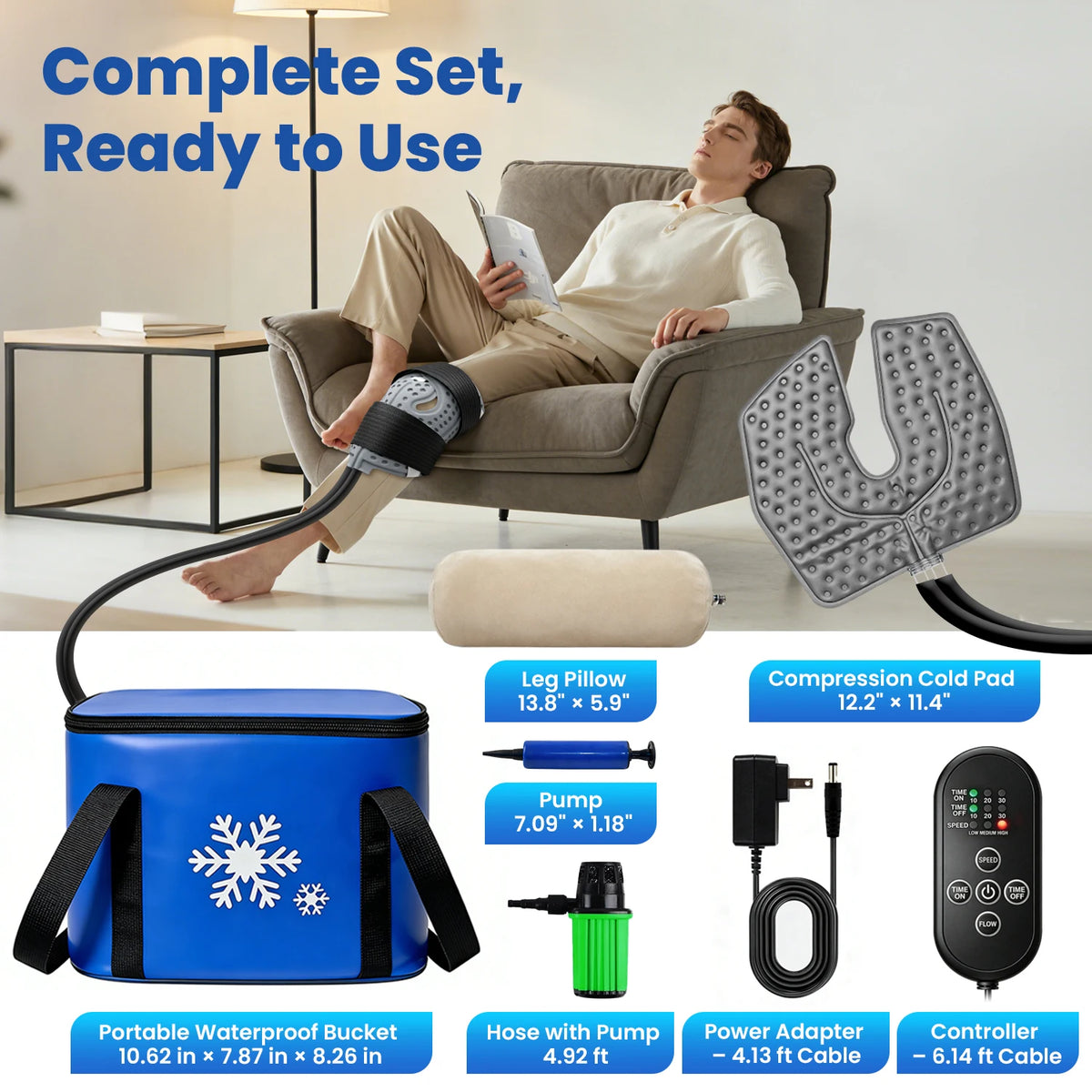 Cold Therapy Knee System full set with cooler, knee pad, leg pillow, hand pump, power adapter and controller.