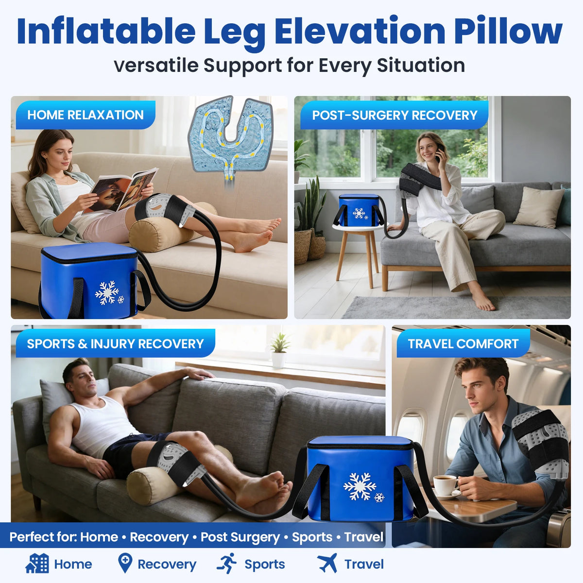 Cold Therapy Knee System lifestyle examples showing knee and shoulder wrap use and the beige leg pillow.
