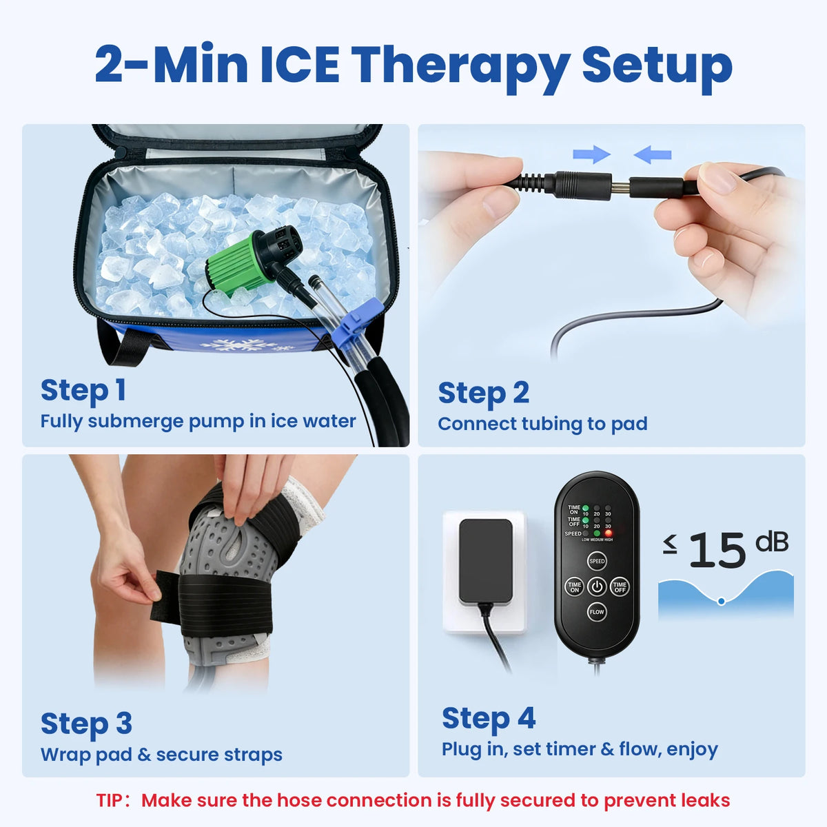 Cold Therapy Knee System setup guide showing the pump, connections, knee wrap and wired controls.