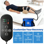 Cold Therapy Knee System controller showing on/off timers and three flow speeds beside a knee-wrap demonstration.