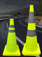 Collapsible Reflective Safety Cone in 45 cm and 70 cm sizes placed together on a roadside at dusk
