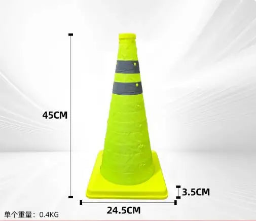 Collapsible Reflective Safety Cone, 45 cm standard model with 24.5 cm base and 3.5 cm collapsed height