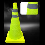 Collapsible Reflective Safety Cone in fluorescent green with two gray bands and a reflective detail inset