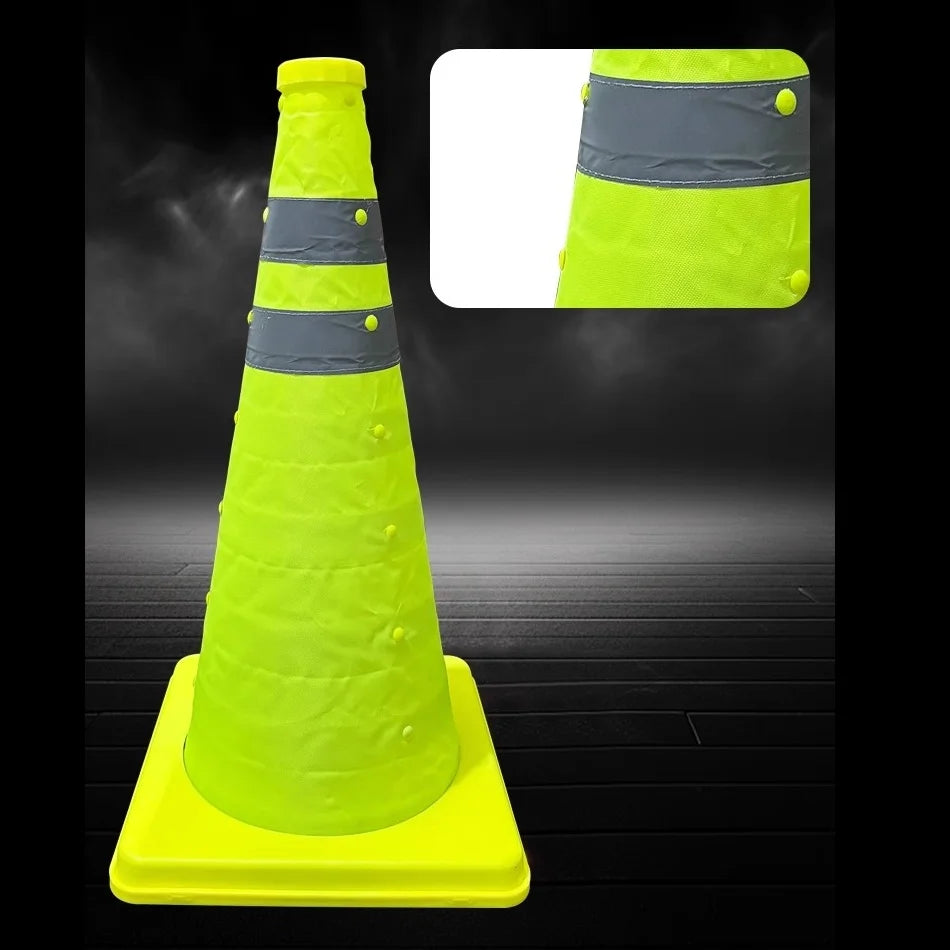 Collapsible Reflective Safety Cone in fluorescent green with two gray bands and a reflective detail inset