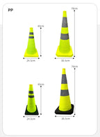 Collapsible Reflective Safety Cone guide comparing 45 cm and 70 cm models with and without warning lights