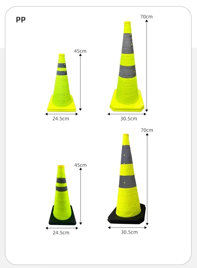Collapsible Reflective Safety Cone guide comparing 45 cm and 70 cm models with and without warning lights