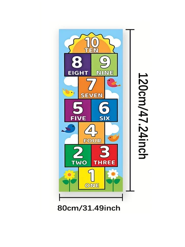Close size-guide view of the birds-and-sun hopscotch mat showing its 80 cm width and 120 cm length.
