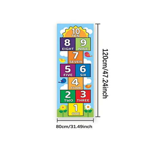 Colorful hopscotch mat with birds, a sun and numbers 1–10 with English number words, labeled 80 × 120 cm.