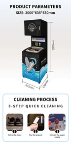 Commercial Shoe Cleaning Station parameter and three-step cleaning process guide with cabinet dimensions