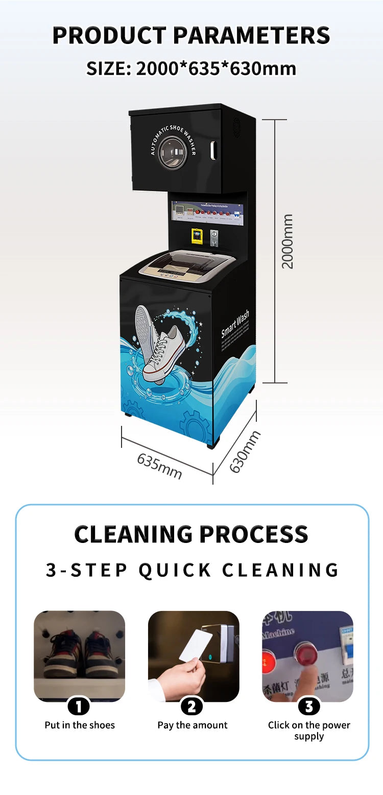 Commercial Shoe Cleaning Station parameter and three-step cleaning process guide with cabinet dimensions