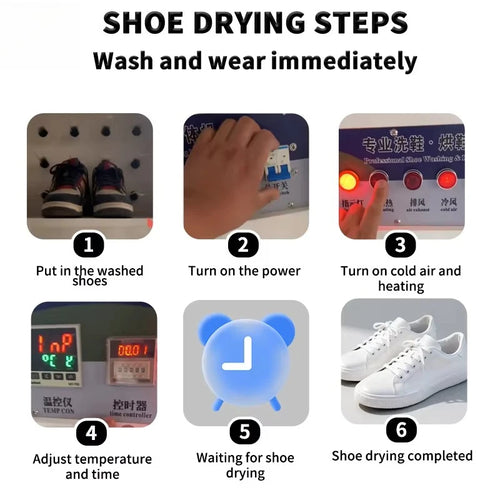 Commercial Shoe Cleaning Station operation guide showing washing, heating, timing, and drying steps