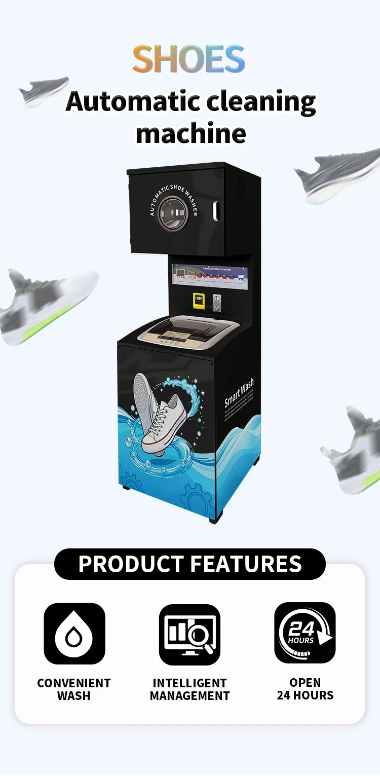 Commercial Shoe Cleaning Station feature graphic highlighting self-service operation and 24-hour access