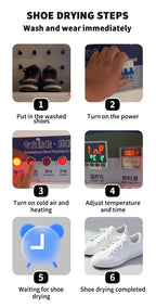 Commercial Shoe Cleaning Station drying guide showing shoe placement, settings, waiting, and completion