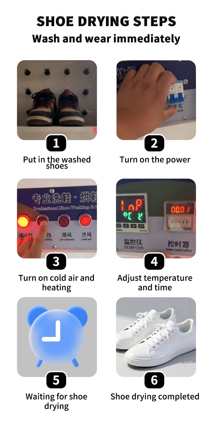 Commercial Shoe Cleaning Station drying guide showing shoe placement, settings, waiting, and completion