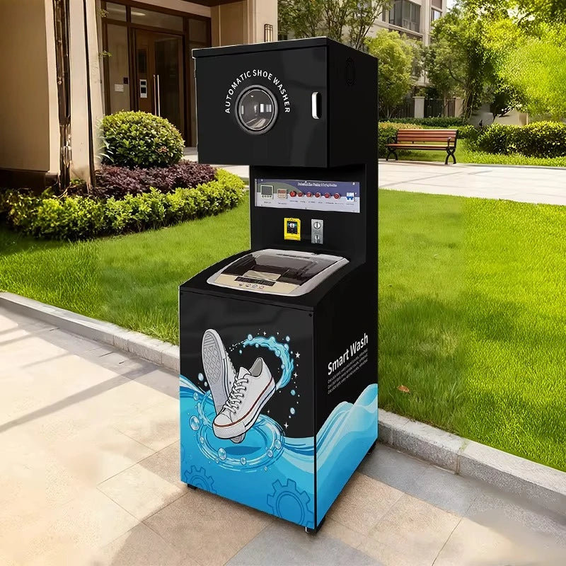 Commercial Shoe Cleaning Station positioned outdoors near an apartment entrance and landscaped walkway