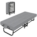 Compact Foldaway Guest Bed in grey shown open with its mattress and folded upright on wheels.