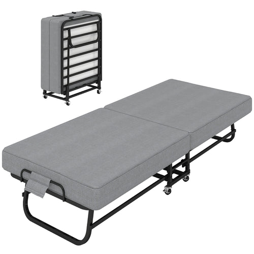 Compact Foldaway Guest Bed in grey shown open with its mattress and folded upright on wheels.