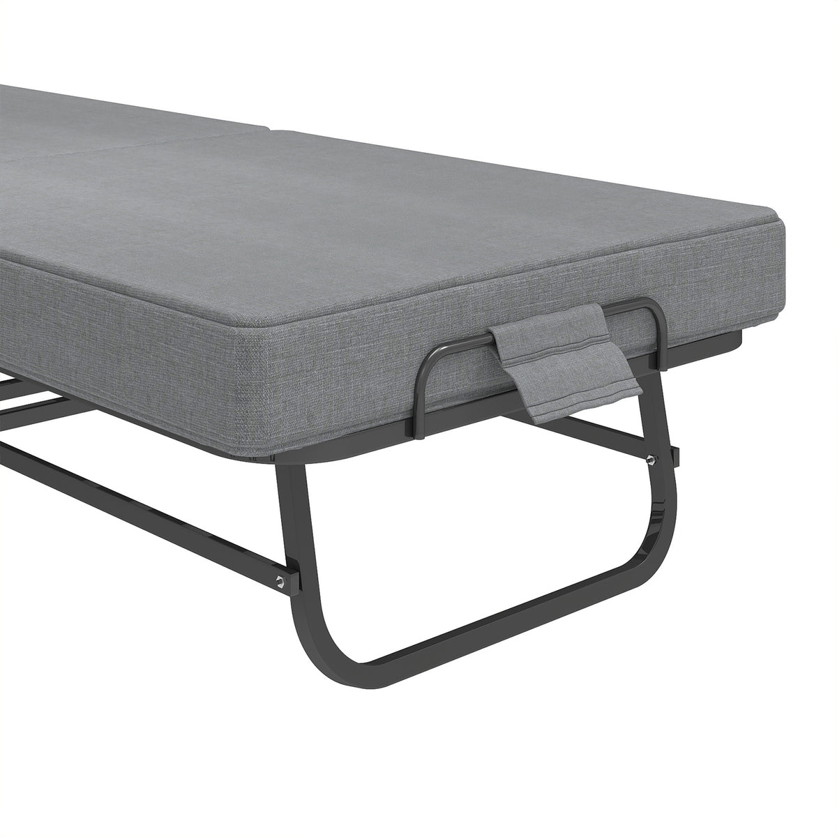 Compact Foldaway Guest Bed close-up showing the mattress edge, fabric strap and curved steel leg.