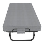 Compact Foldaway Guest Bed viewed from the foot, showing the grey mattress and black support leg.