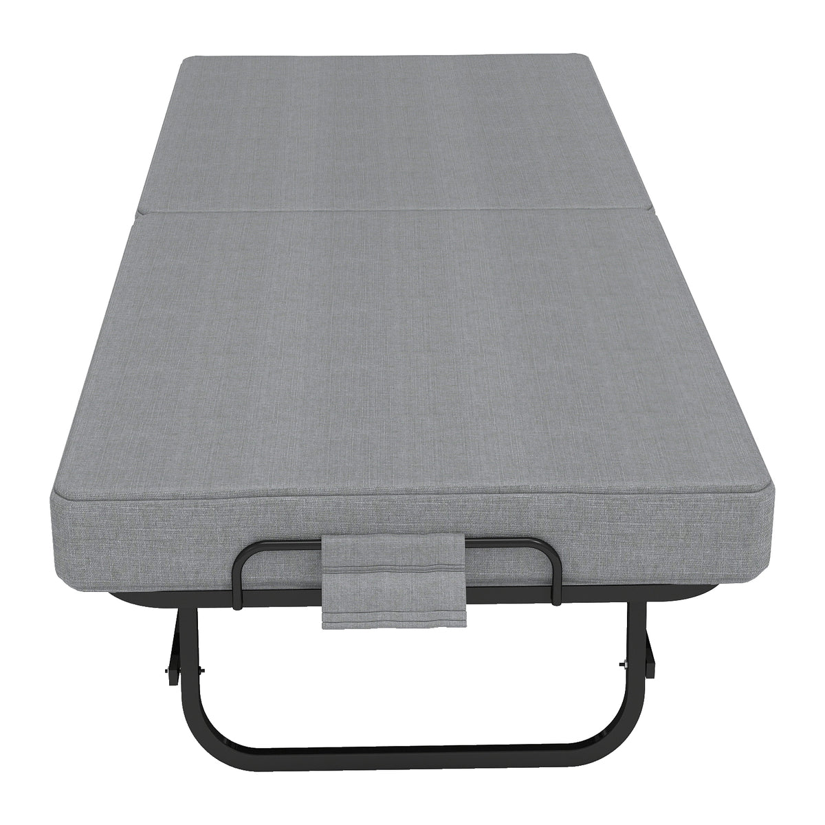 Compact Foldaway Guest Bed viewed from the foot, showing the grey mattress and black support leg.