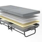 Compact Foldaway Guest Bed exploded diagram showing the grey mattress layers above the steel frame.