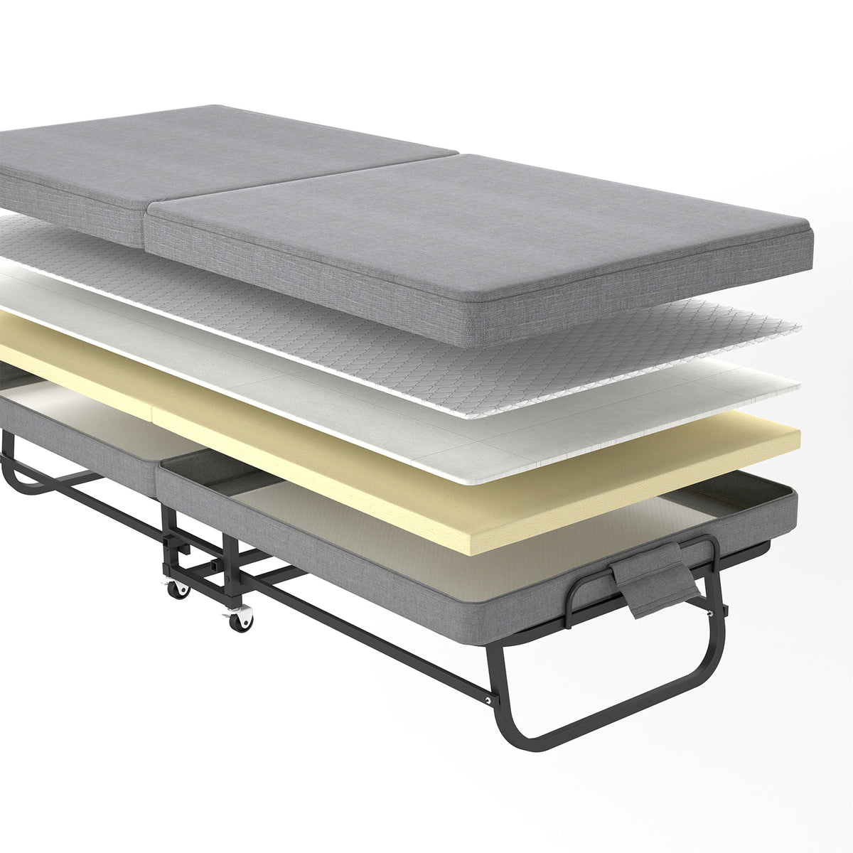 Compact Foldaway Guest Bed exploded diagram showing the grey mattress layers above the steel frame.