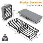Compact Foldaway Guest Bed diagram showing open and folded dimensions, steel frame and 450 lb capacity.