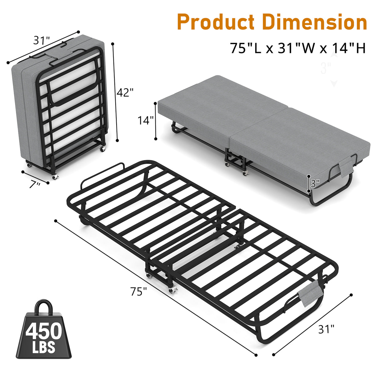 Compact Foldaway Guest Bed diagram showing open and folded dimensions, steel frame and 450 lb capacity.