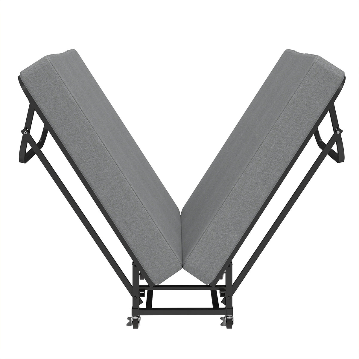 Compact Foldaway Guest Bed partly folded into a V shape, showing the hinged frame and central wheels.