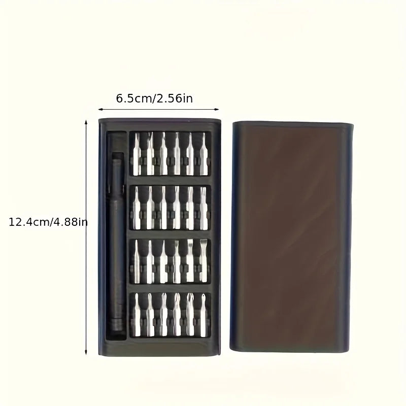 Compact screwdriver storage case dimensions shown as 12.4 by 6.5 centimeters for easy portability
