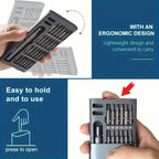 Compact screwdriver case feature guide showing the textured grip, press-open design, and slim profile